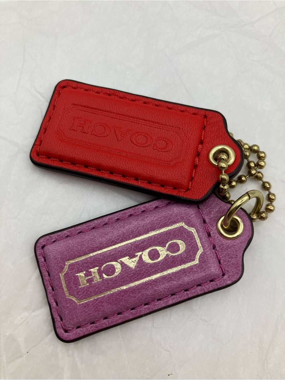 Coach Leather Key & Card Tags in Red and Purple with Gold Hardware